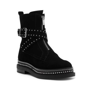 Vince Camuto Blinda Black Suede Moto Chic Chain Rim PLatform Lug Sole Bootie